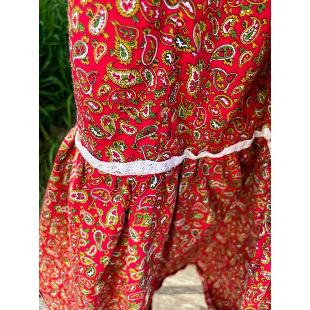 Vintage 1970s Peasant Maxi Dress Burgundy Cotton Paisley Flare - Picture 7 of 16